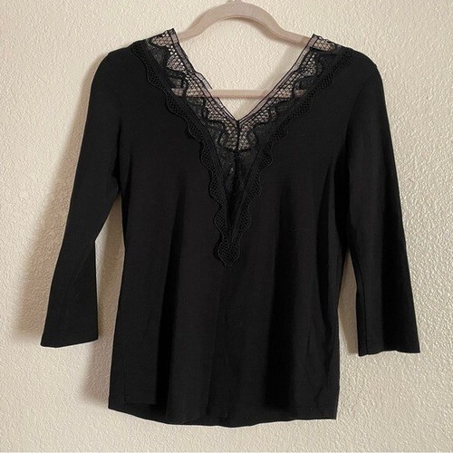 Sandro Paris Damen Gr. 0 Spitze V-Ausschnitt 3/4 Arm Shirt schwarz - Bild 2 von 6