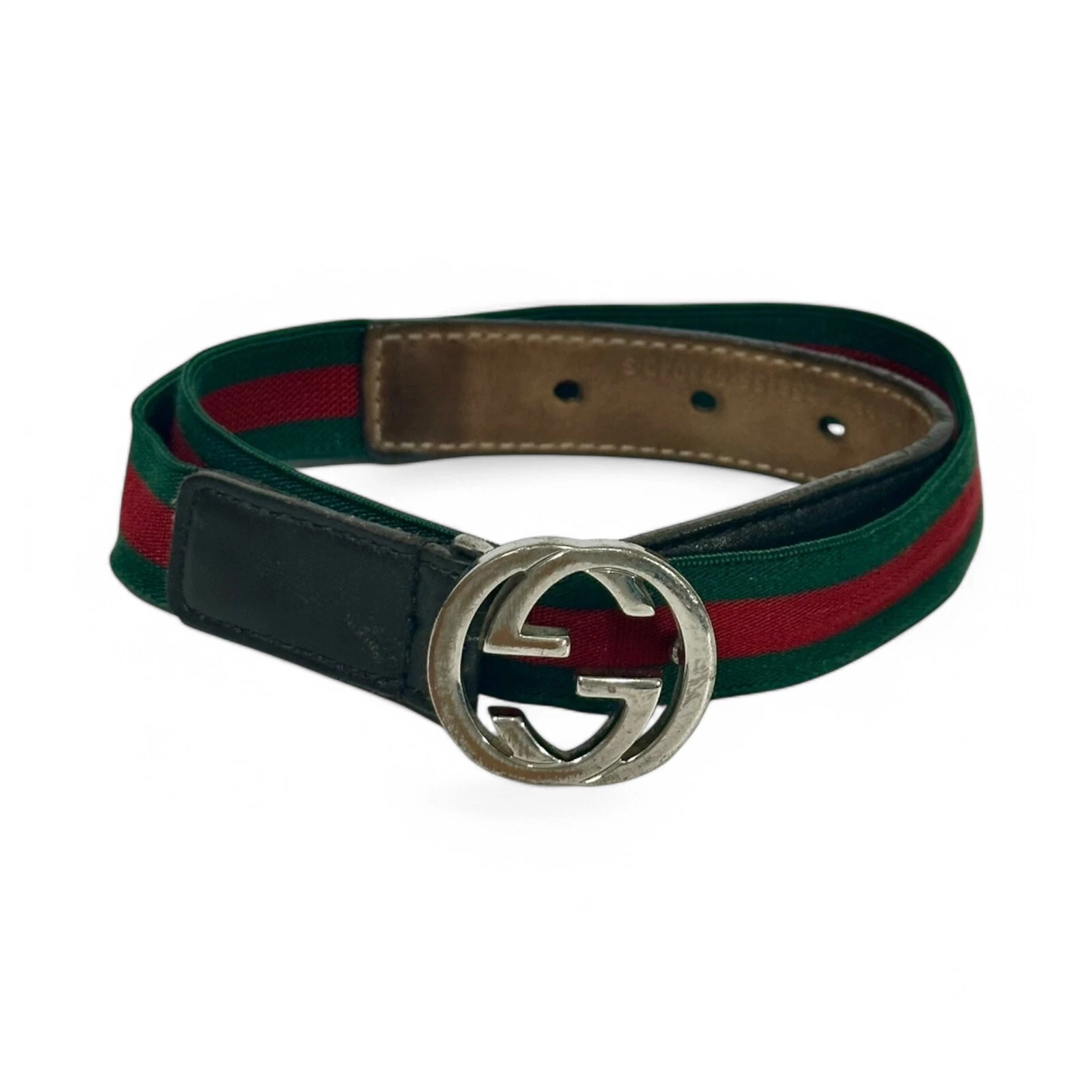 Authentique ceinture enfant Gucci élastique toile verte et rouge imbriquée G taille S