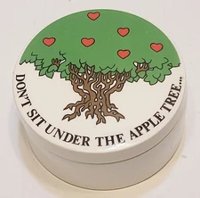 FITZ and FLOYD Round Trinket Box Red Heart Apple Green Tree Kitschy Love Jewelry
