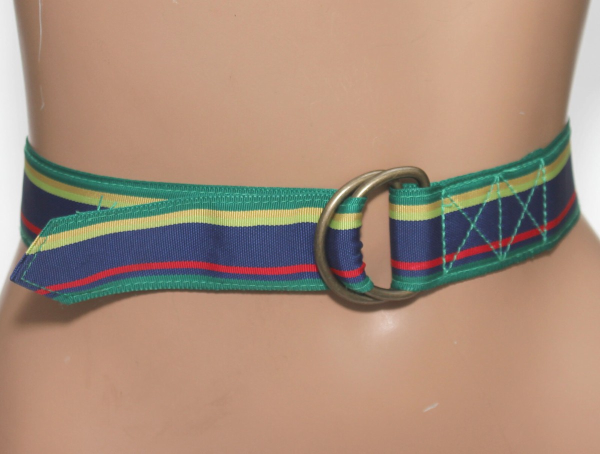 j crew dress belt J. Blue/Green/Yellow/Red Striped Ribbon - D-Rings SIZE S/M - 39