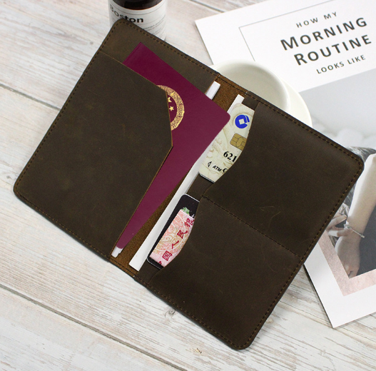Cow Leather Passport Holder Bifold Wallet Card Pouch Pocket Bag Coffee 691-image
