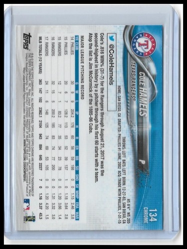 2018 Topps Chrome Baseball Cole Hamels #134 - Picture 2 of 2