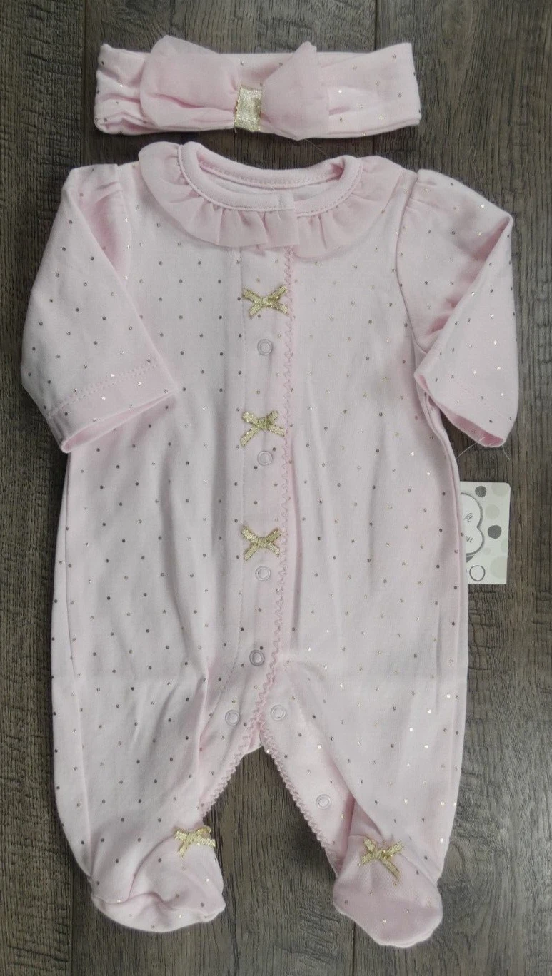Baby Girl Clothes New Little Me Preemie 2pc Pink Gold Sparkle Outfit & Headband