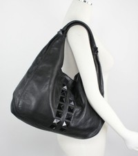 Ted Rossi Women's Handbag Hobo Black Studded Crescent Pebble Leather Purse Bag 5