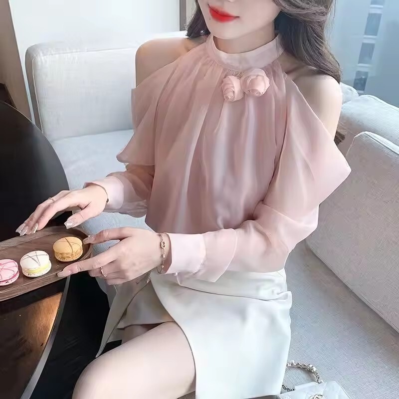 Korean Spring Summer Chiffon Blouses Women Round Neck Off Shoulder Ruched Shirts