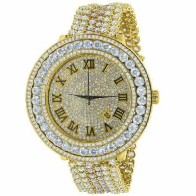 Yellow Gold Tone Roman Numeral Dial Custom White Cz Removable Bezel Men's Watch 