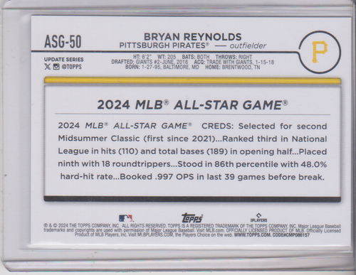 2024 Topps Update Bryan Reynolds All Star Game insert Pittsburgh Pirates - Picture 2 of 2