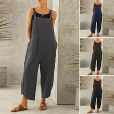 Women Cotton Linen Jumpsuit Dungarees Baggy Overall Trouser Strappy With Pockets