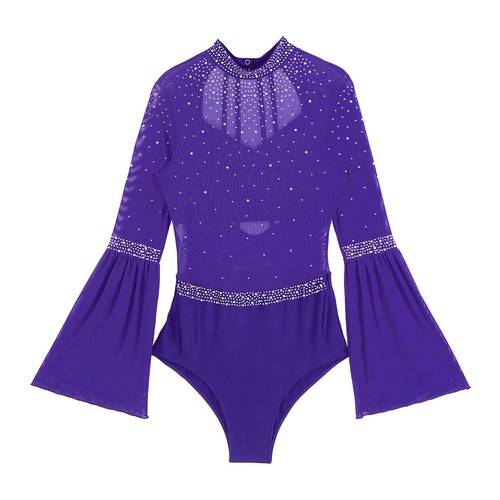 Womens Sheer Mesh Patchwork Leotard Rhinestone Bodysuit Dancewear Gymnastics - Picture 74 of 82