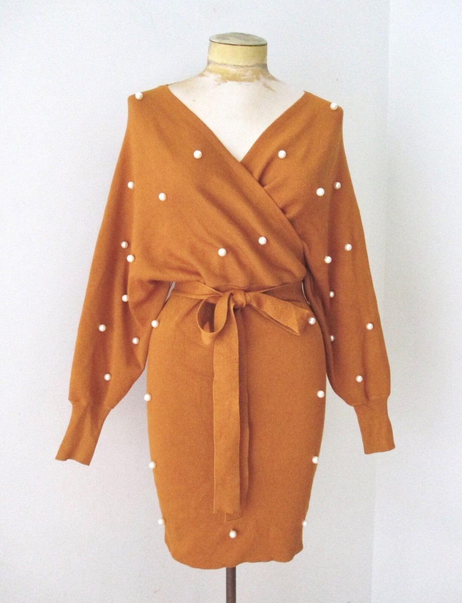 Boutique butterscotch rib knit sweater dress crisscross bodice big pearls M  | eBay