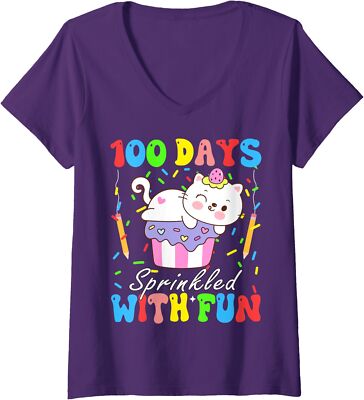 100th Day Of School Cat 100 Days Sprinkled With Fun Ladies' V-Neck Tshirt