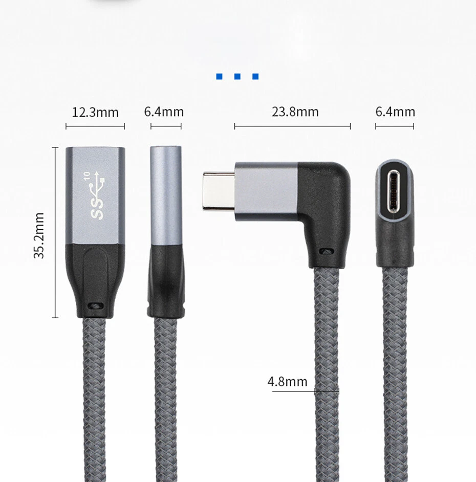 4K 60Hz Angled USB 3.1 Type-C USB C Gen 2 Extension Cable 100W 10Gbps Data Cord - Image 4 of 4