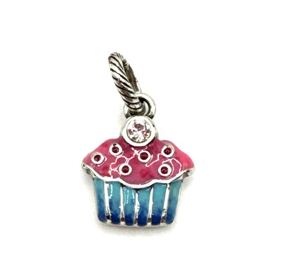 Brighton Cupcake Blue Pink Birthday Crystal Detailed Party Silver Pendant Charm