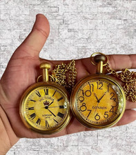 Vintage Brass Pocket Watch with Chain  Classic London Dial Design  Antique