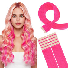 Tape in Hair Extensions Human Hair, 18" 10Pcs 25G Hot Pink