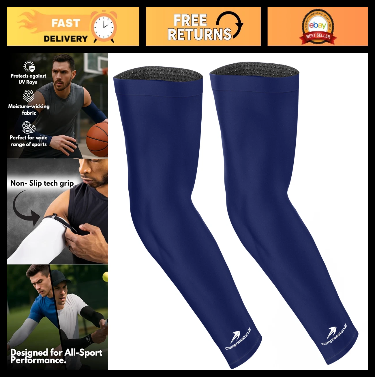 Compression Arm Sleeves for Men & Women | UV Sun Protection, Elbow Pain Relief,