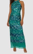 Adrianna Papell Women's Blue Embellished Mock Neck T-Back Gown Dress Size 8