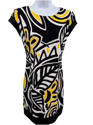 Y2K Cache Size 2 Black White Yellow Print Foil Dot Sparkles Cap Sleeve Dress