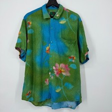 Jams World Mens Medium Short Sleeve Button Up Shirt Floral Green Blue Aloha