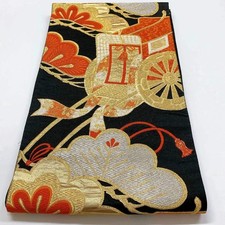 6348 Japanese Vintage Fukuro Obi Belt Kimono Fabric Silk Traditional Black