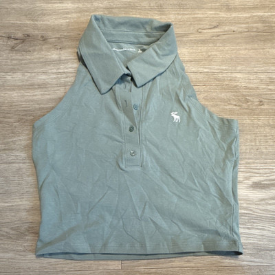 Abercrombie & Fitch Damen Polotop Grün Ärmellos Kragen Logo Knopf Basic S