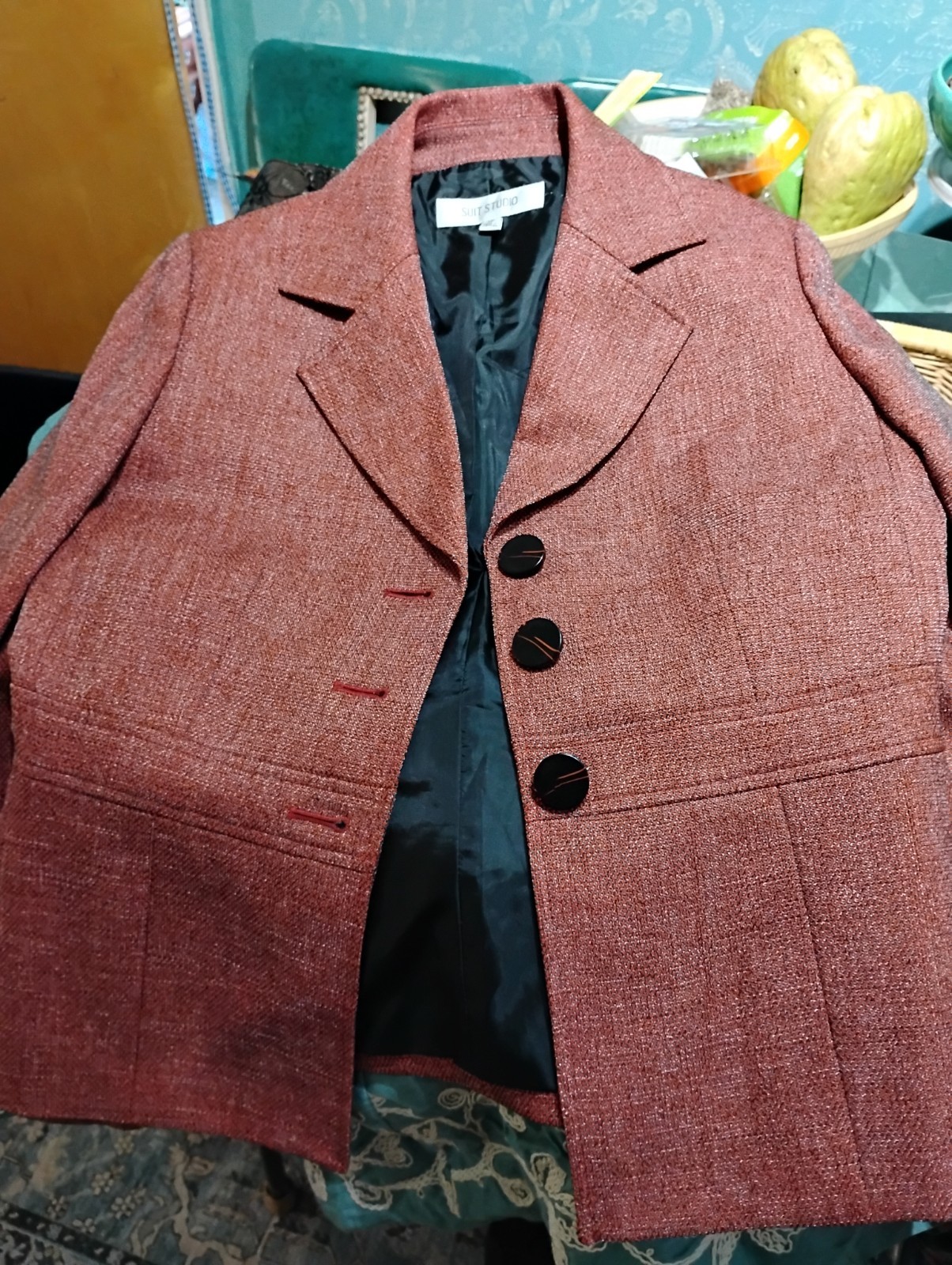 Suit Studio Rust Geometric Blazer Jacket Women's Button Front Collared