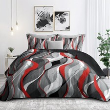 Classic Line Pattern Bedding Quilt King Size Modern Grey Red Black Stripe