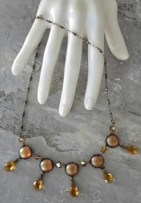 Vtg Anne Koplik Art Nouveau Necklace Satin Glass Cabs Ab Crystal Antique Brass 