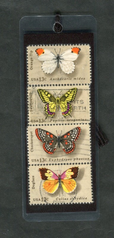 U.S. 1977 BUTTERFLIES STAMPS LAMINATED BOOKMARK W/REAL U.S. POSTAGE STAMPS.
