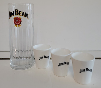 1 JIM BEAM CLEAR GLASS BOURBON TUMBLER 6.25 INCHES 12 OZS AND 3 SHOT GLASSES