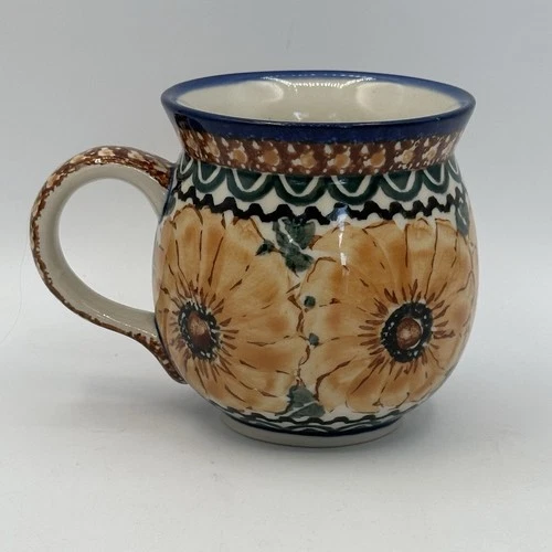 Unikat Polish Pottery Bubble Mug Sun Flower Blooming Daisy L. Lenkienicz  739