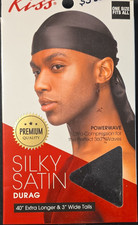 Kiss Silky Satin Durag 40 in Black Extra Long 3 in Wide Tails One Size DH06