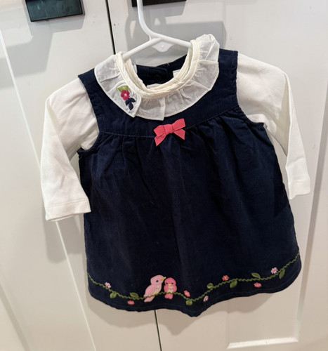 Gymboree Navy Corduroy Jumper Dress 6-12 Months Bird Embroidery Pink Bow