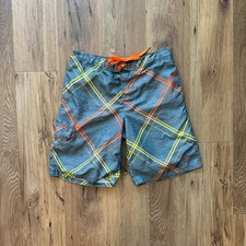 OP Mens Board Shorts Grey Orange Yellow Plaid Swim Trunks Size S 28-30 Pocket