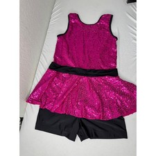 Pink Sequin Dance Costume Sleeveless Skirted Leotard Shorts Kids Performance