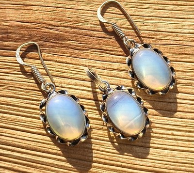 Ethnic Opalite Gemstone Earring Pendant Set 925 Sterling Silver Plated Jewellery
