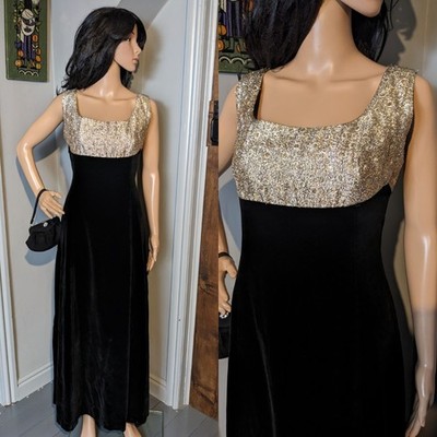 Vintage 60er schwarz Samt gold Glitzer Maxikleid Mod Cocktail 10 12 38