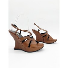 Prada Retro Vintage Y2K Brown Leather Sculptural Wedge Platform Sandals IT 38