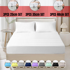 400TC 3PCS Egyptian Cotton Fitted Sheet Set 25cm 35cm 40cm Deep With Pillowcases