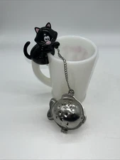 Vintage Kitschy Black Cat Tea Bag Strainer Holder Aluminum Fish Tea Caddy