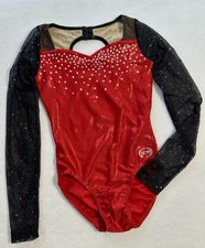 OZONE Gymnastics LEOTARD Competition RED BLACK MESH Rhinestone Bling GK Size AXS