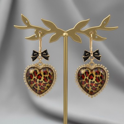 Betsey Johnson Leopard Heart Drop Earrings   Gold-Tone with Bow Accen