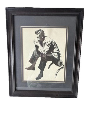 VTG Mid-Century Modern Black & White Print ''The Thinker'' Signed D Brubaker '66