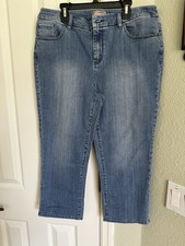 Chico  s 10 M Denim Pinstripe Blue White Capri 722
