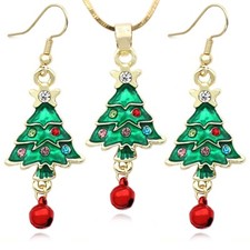 Christmas Tree Red Jingle Bell Dangle Earrings Pendant Necklace Jewelry Set