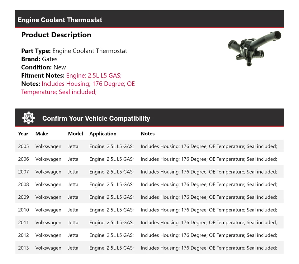 适用于 2005 - 2013 年大众捷达 2.5 升 L5 燃气发动机冷却液恒温器门 2006 — 第 2/4 张图片