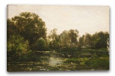 Tela/Cornice Charles-François Daubigny - Un paesaggio fluviale con cicogne