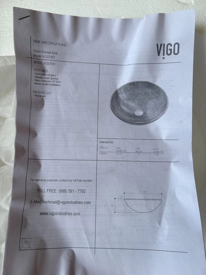 Pia de banheiro Vigo VGO7051 vaso de vidro - Preto - NOVA caixa aberta - Imagem 3 de 4