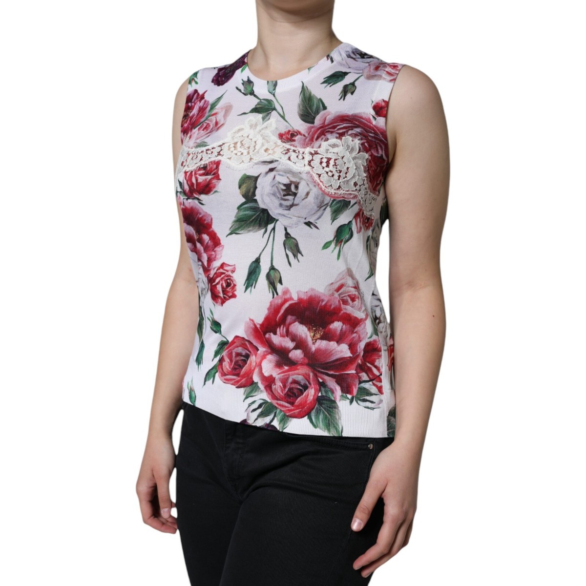 DOLCE & GABBANA Top White Floral Lace Silk Sleeveless Tank