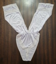 Vintage Pale Blue Deep V Nylon Body Suit with Lace Trim Size Medium